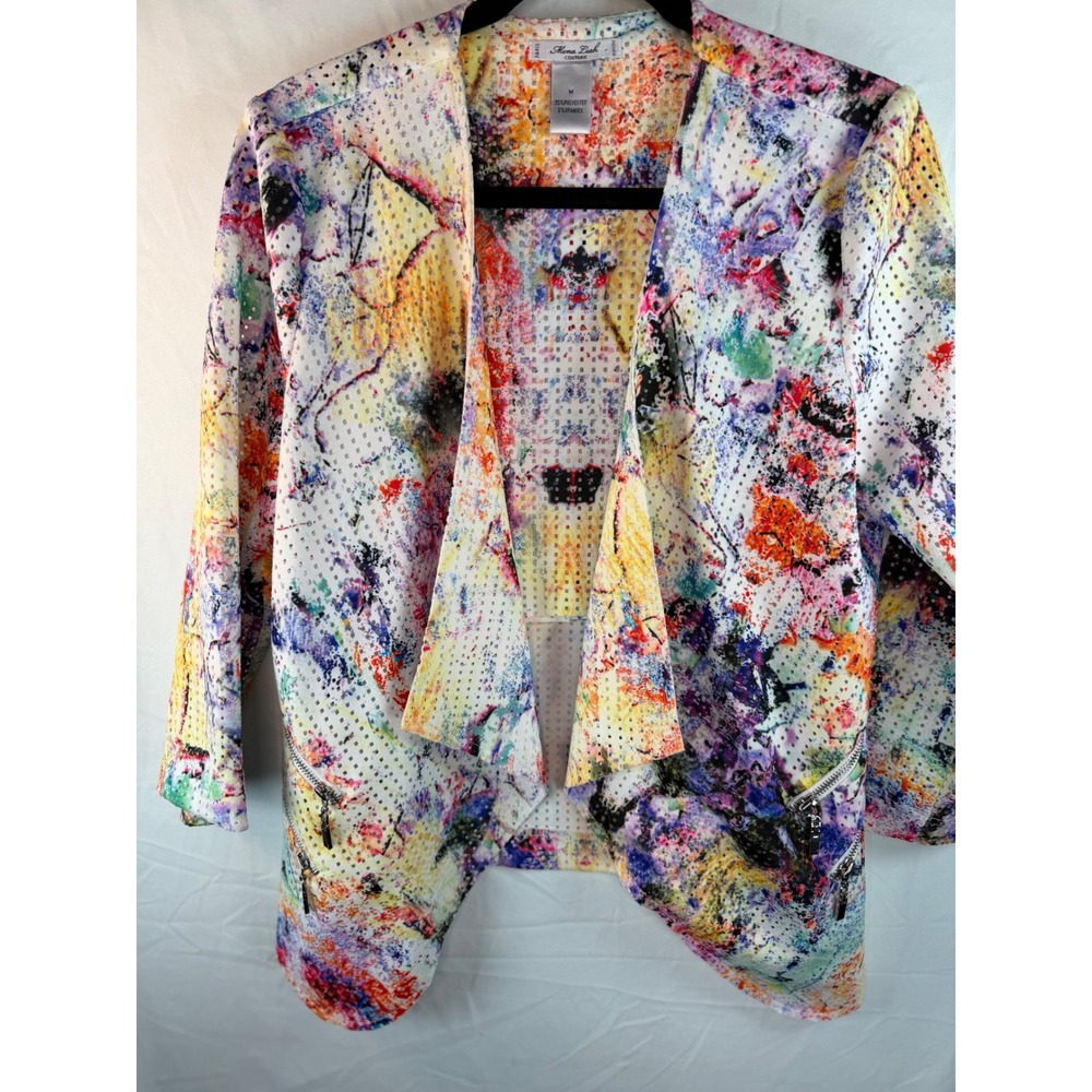 Mona Leah Couture Abstract Print Perforated Mesh Open Front Blazer Jacket Medium